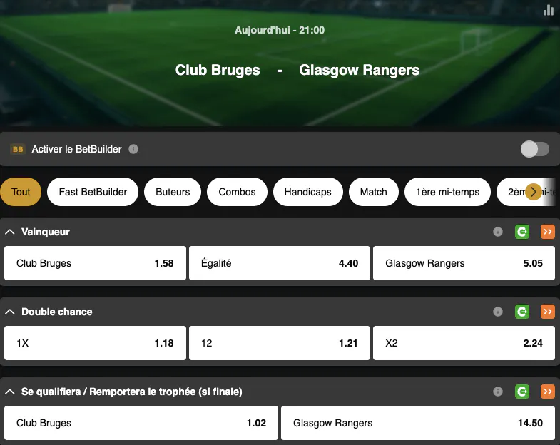 Tour préliminaire Ligue des Champions | Glasgow Rangers - Club Bruges  | Golden Vegas Sport