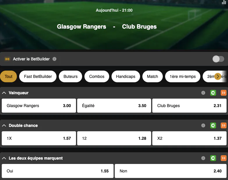 Tour préliminaire Ligue des Champions | Glasgow Rangers - Club Bruges  | Golden Vegas Sport