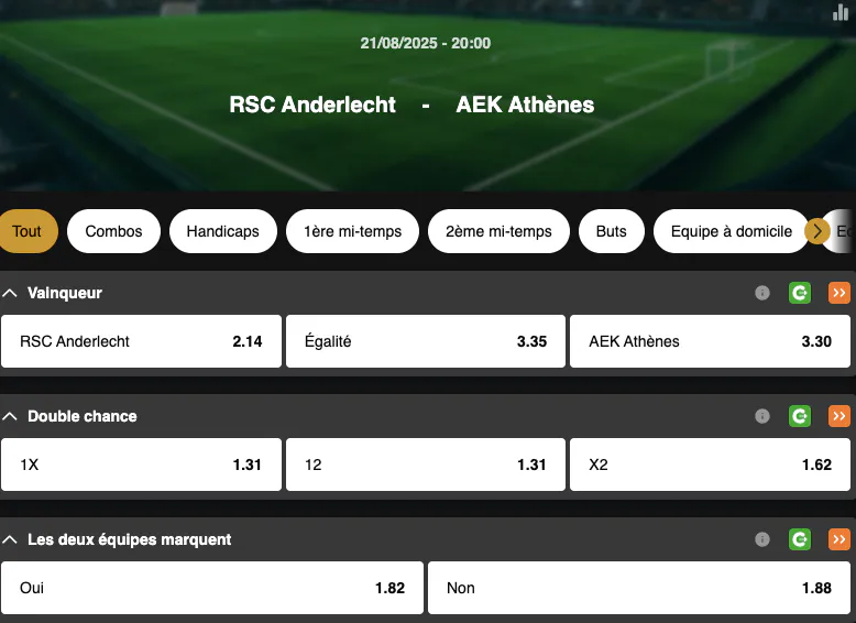 Tour préliminaire Conference League | Anderlecht - AEK Athènes | Golden Vegas Sport