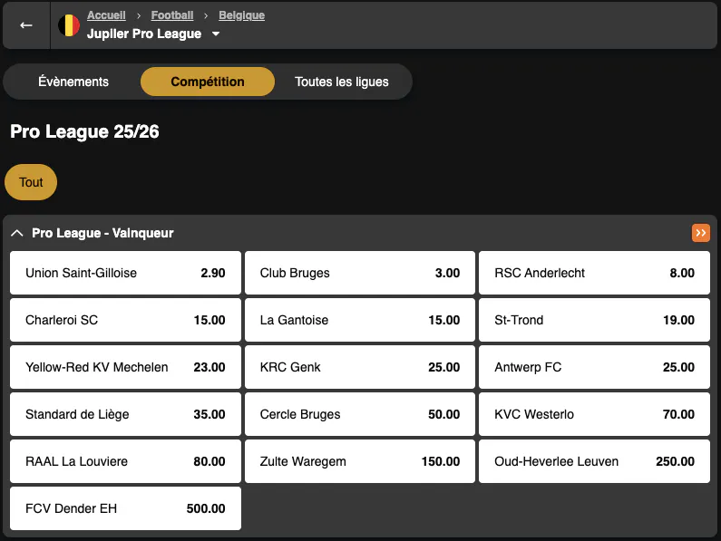 Jupiler Pro League | Vainqueur | Golden Vegas Sport