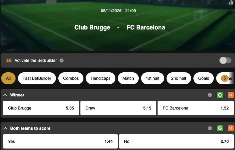 Champions League | Club Bruges - FC Barcelone | Golden Vegas Sport