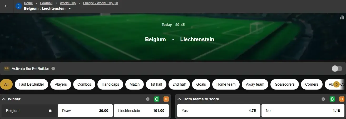 Openda and Doku in action during Belgium vs Liechtenstein, a 2026 qualifier likely to produce a flood of goals.