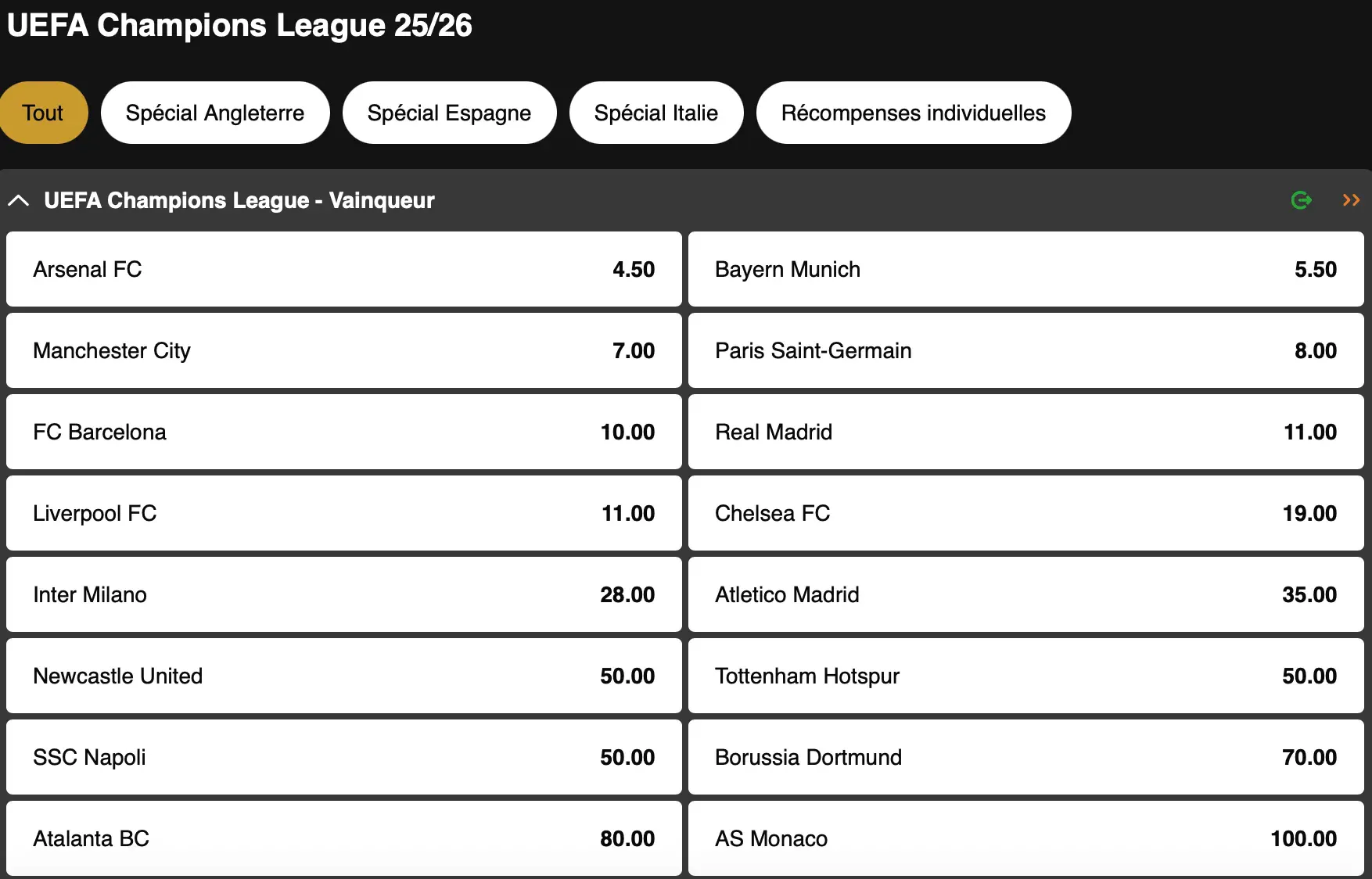 Ligue des Champions | Vainqueur | Golden Vegas Sport