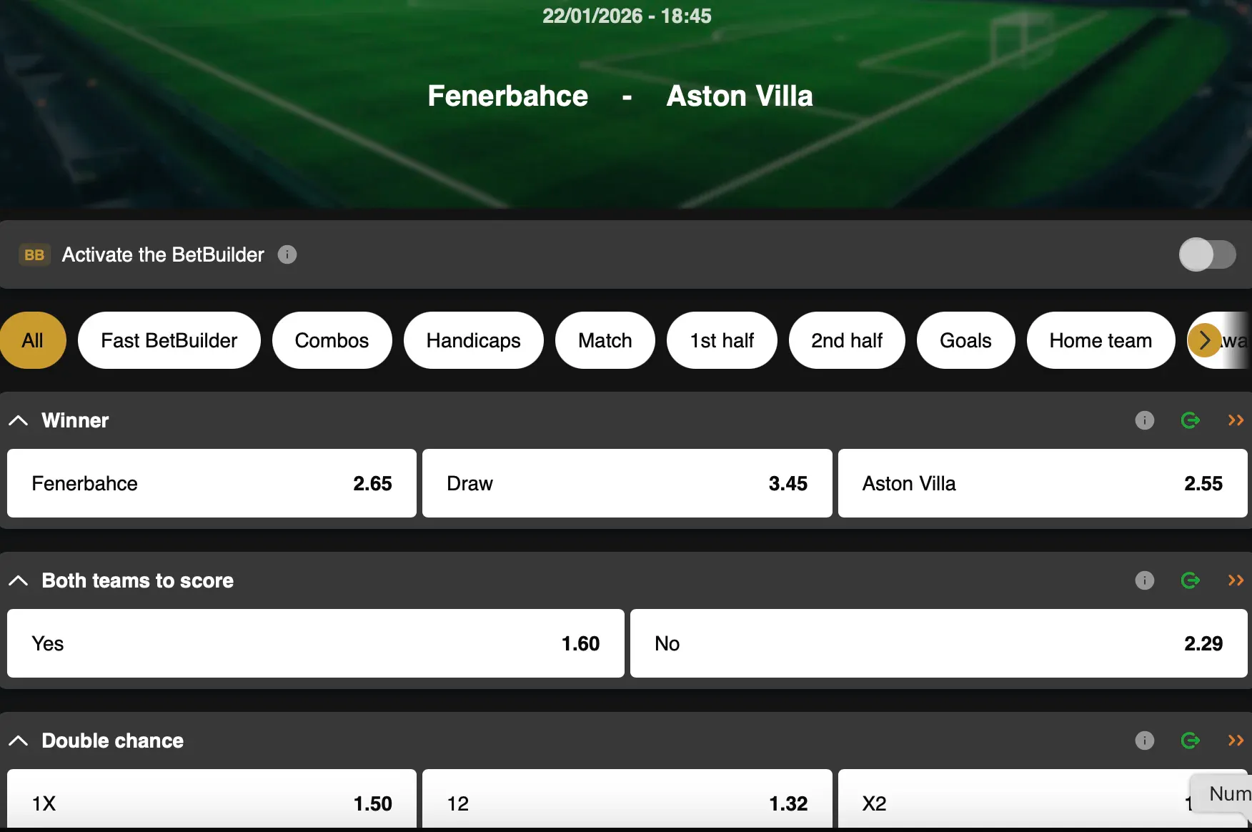 Europa League | Fenerbahce - Aston Villa | Golden Vegas Sport