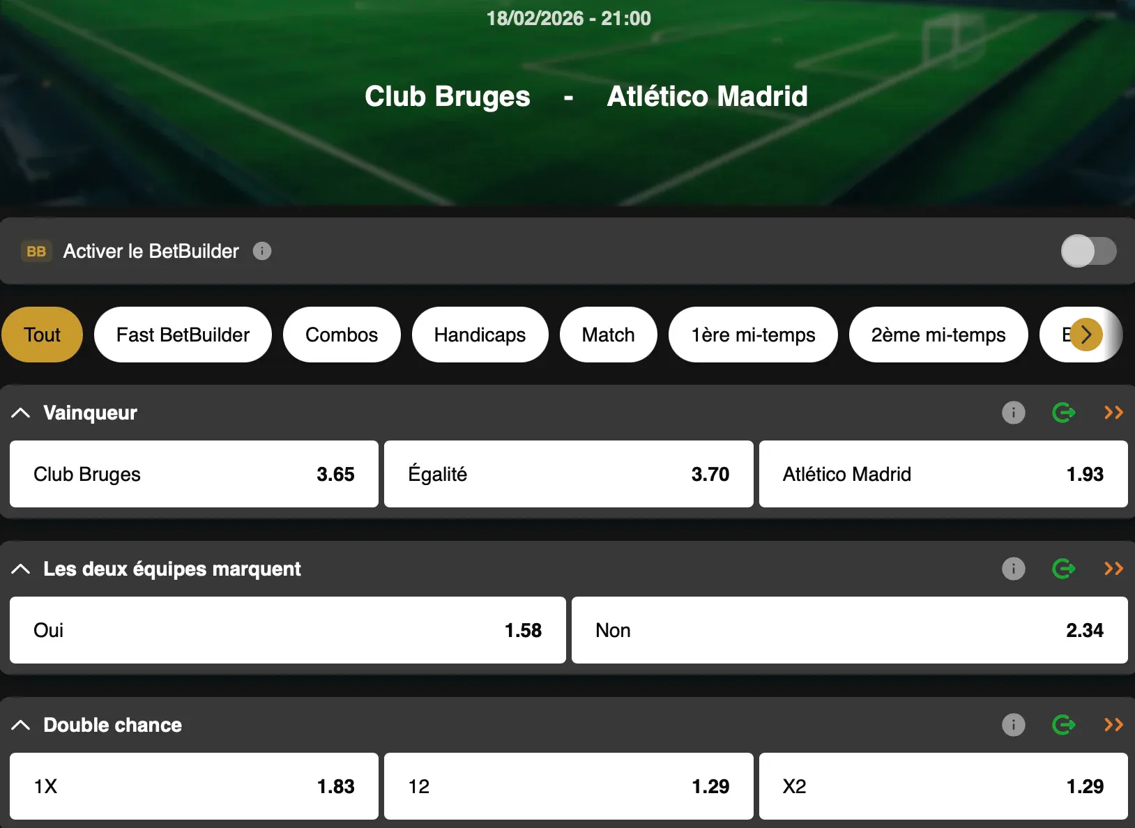 Pariez sur la Ligue des Champions et Bruges - Atletico Madrid sur GoldenVegas Sport