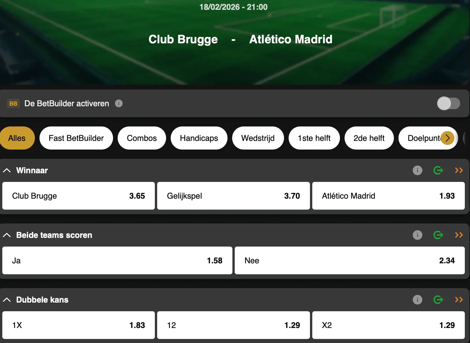 Wed op Champions League op Brugge - Atlético Madrid bij GoldenVegas Sport