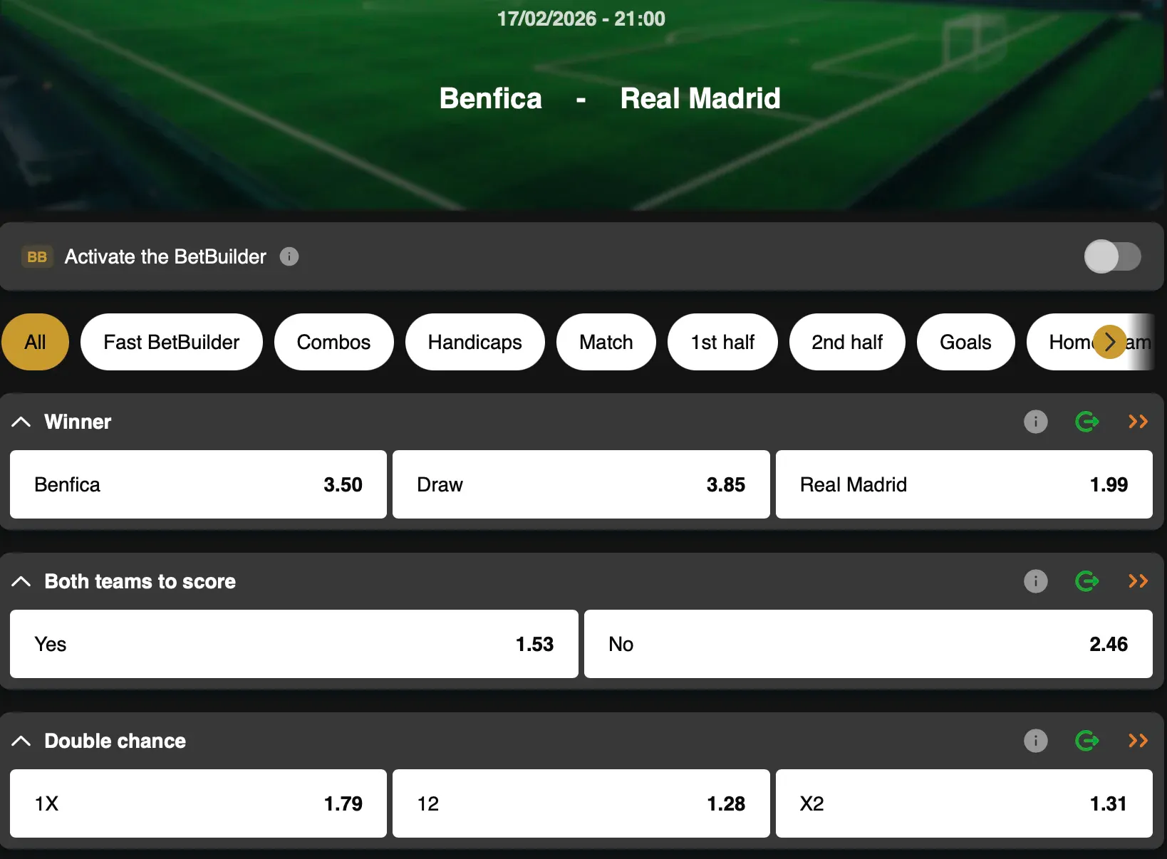 Bet live on the Champions League play-offs at GoldenVegas Sport with the clash between Benfica and Real Madrid.