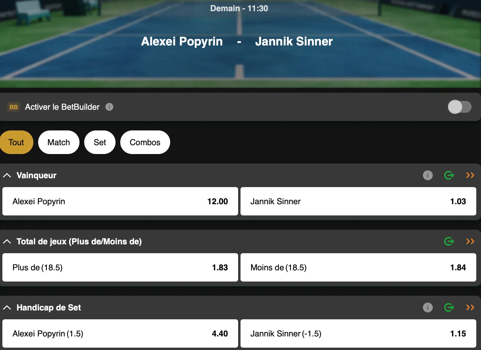 Pariez sur le match Alexei Popyrin contre Jannik Sinner à l'ATP de Doha sur GoldenVegas Sport.