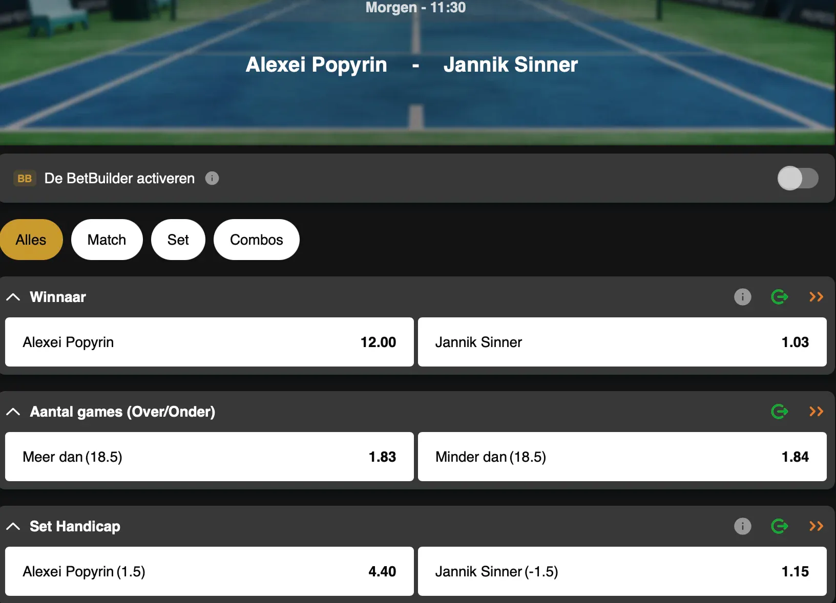 Wedden op de wedstrijd tussen Alexei Popyrin en Jannik Sinner op het ATP-toernooi van Doha via GoldenVegas Sport.