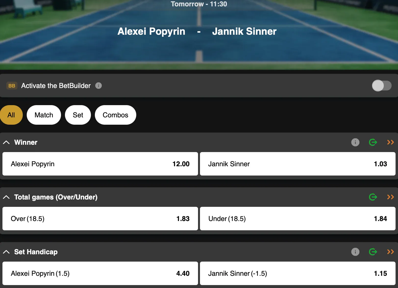 Bet on the match between Alexei Popyrin and Jannik Sinner at the ATP Doha tournament on GoldenVegas Sport.