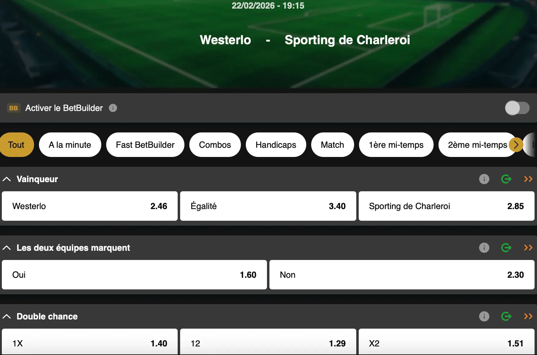 Bénéficiez d'un BetXtra de 25% en misant en live sur Westerlo-Charleroi sur GoldenVegas. 