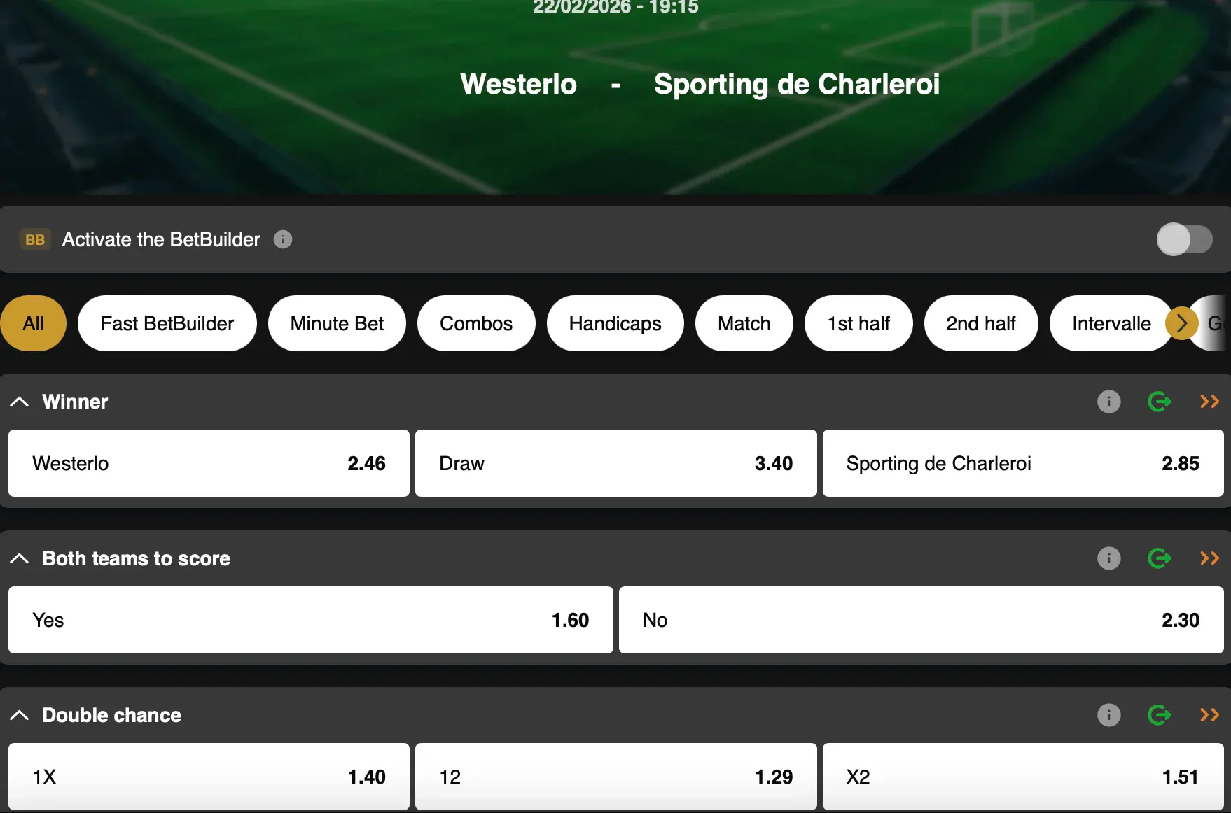 Enjoy a 25% BetXtra bonus when you bet live on Westerlo vs Charleroi on GoldenVegas.