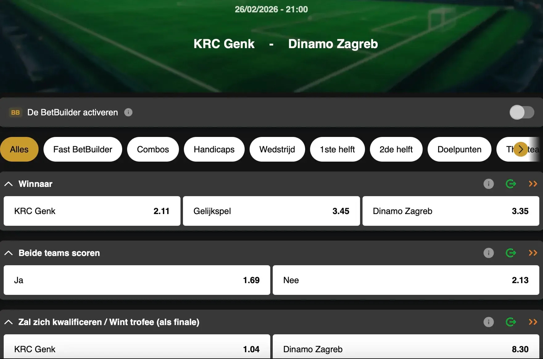 Ga naar GoldenVegas Sport om de terugwedstrijd in de Europa League tussen Genk en Dinamo Zagreb live te volgen.