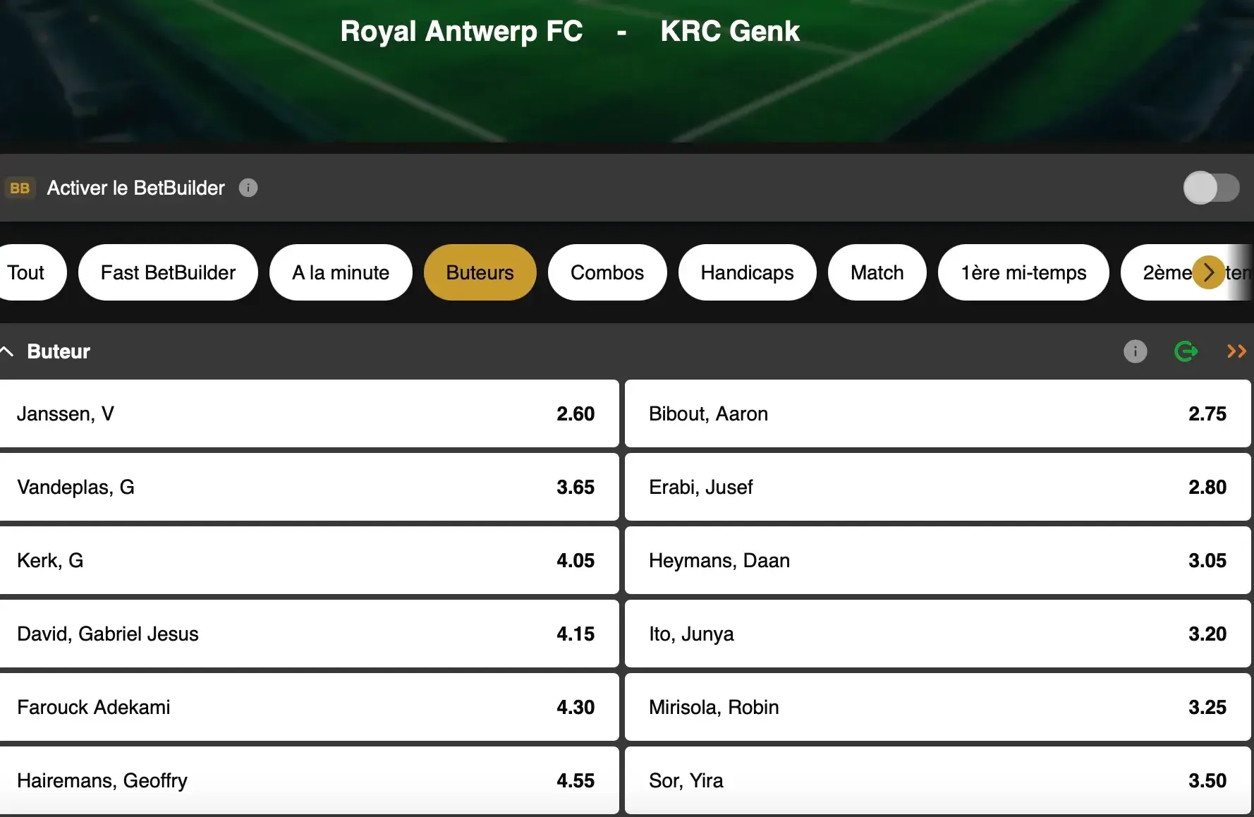 Parier sur un buteur est disponible sur GoldenVegas Sport sur de nombreux matchs, à l'instar de la Jupiler Pro League.