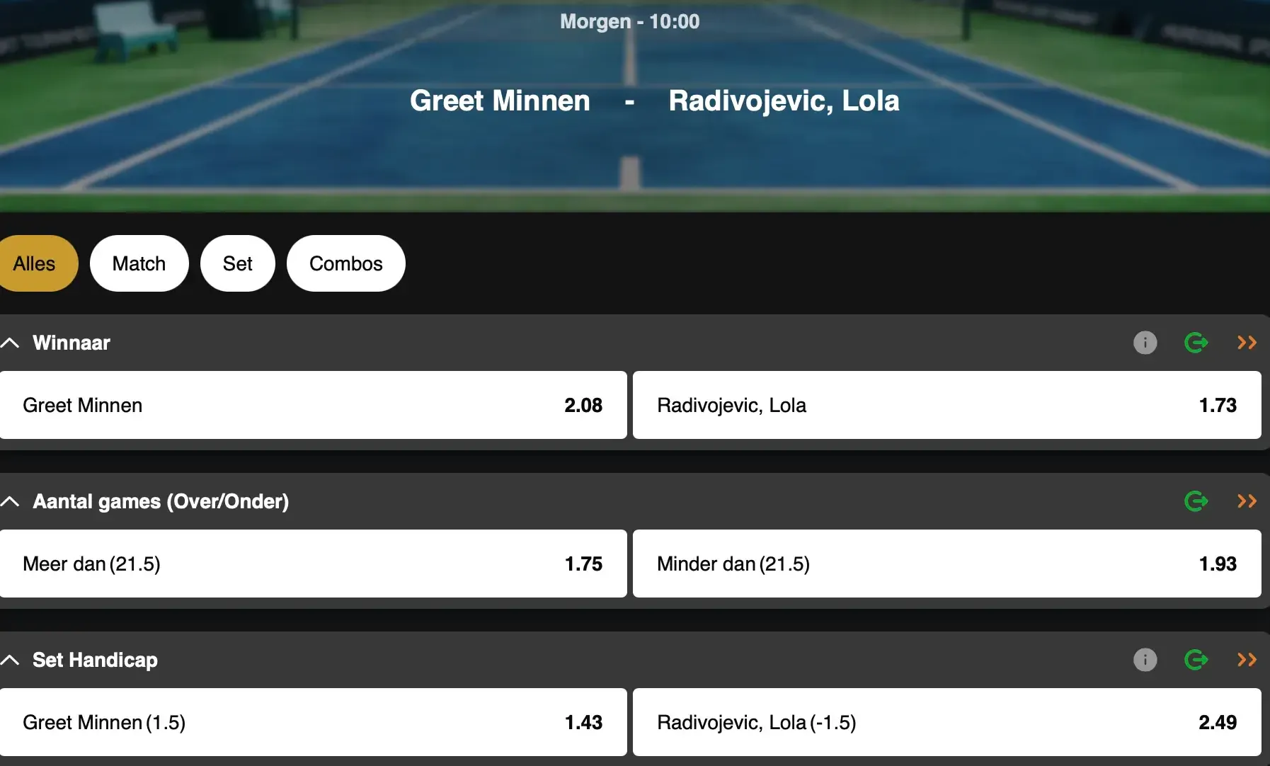Roland-Garros 2026: Greet Minnen is volgens de bookmakers niet de favoriet tegen Lola Radivojevic.