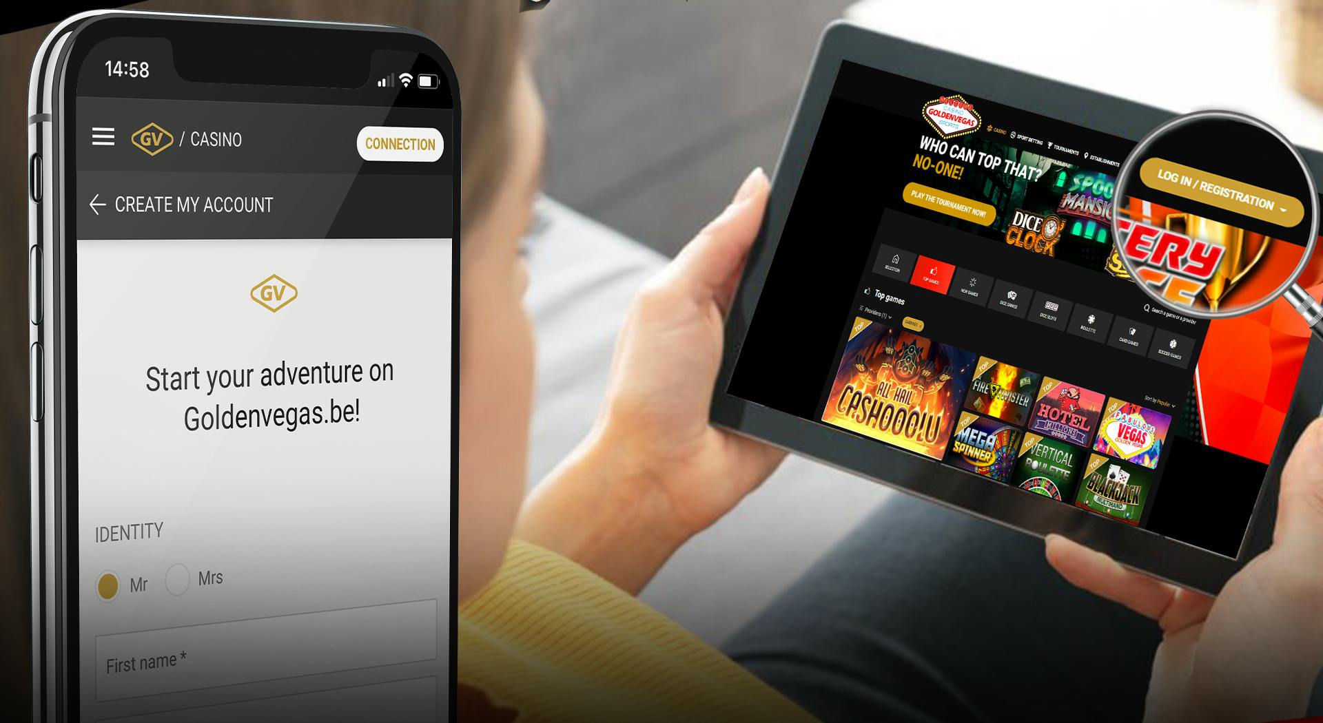 Un téléphone et une tablette montrant le site de casino et paris sportifs Golden Vegas