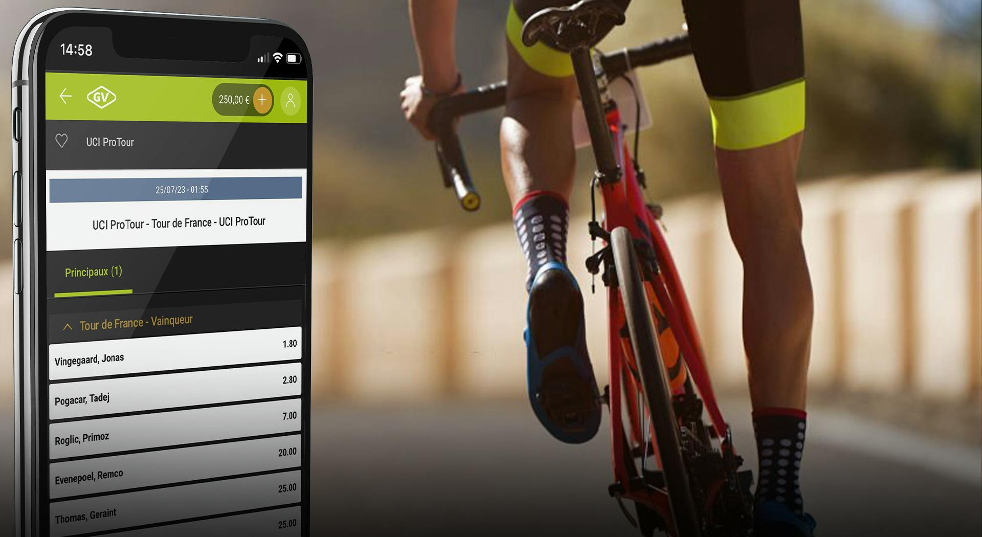 Vélo en action et un téléphone avec des paris sportifs cyclisme