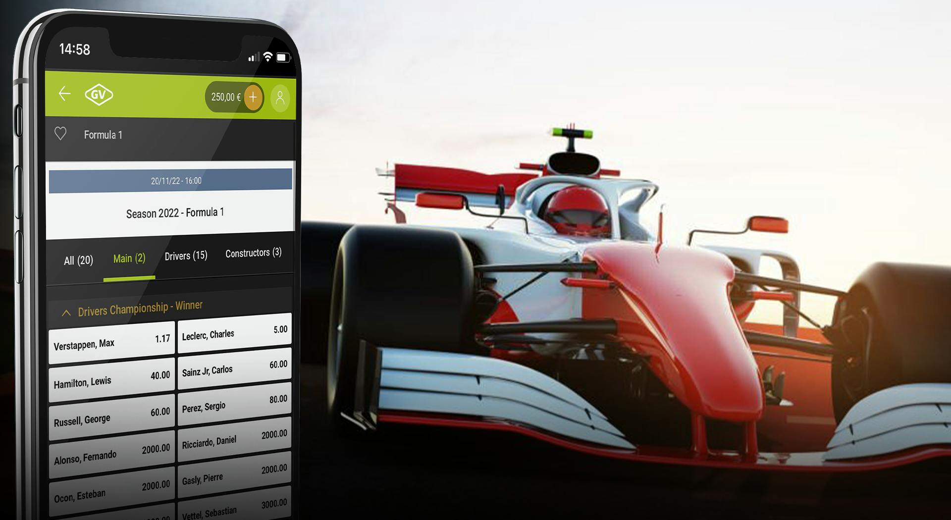 Voiture rouge de Formule 1 et un téléphone avec des paris sportifs F1