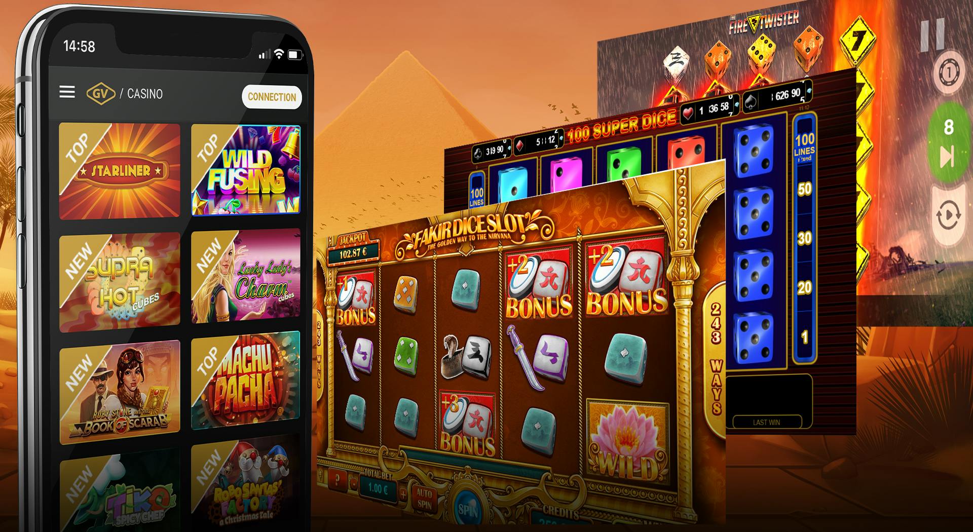 3 schermen met casinospellen en een gsm met een overzicht van online casinospellen