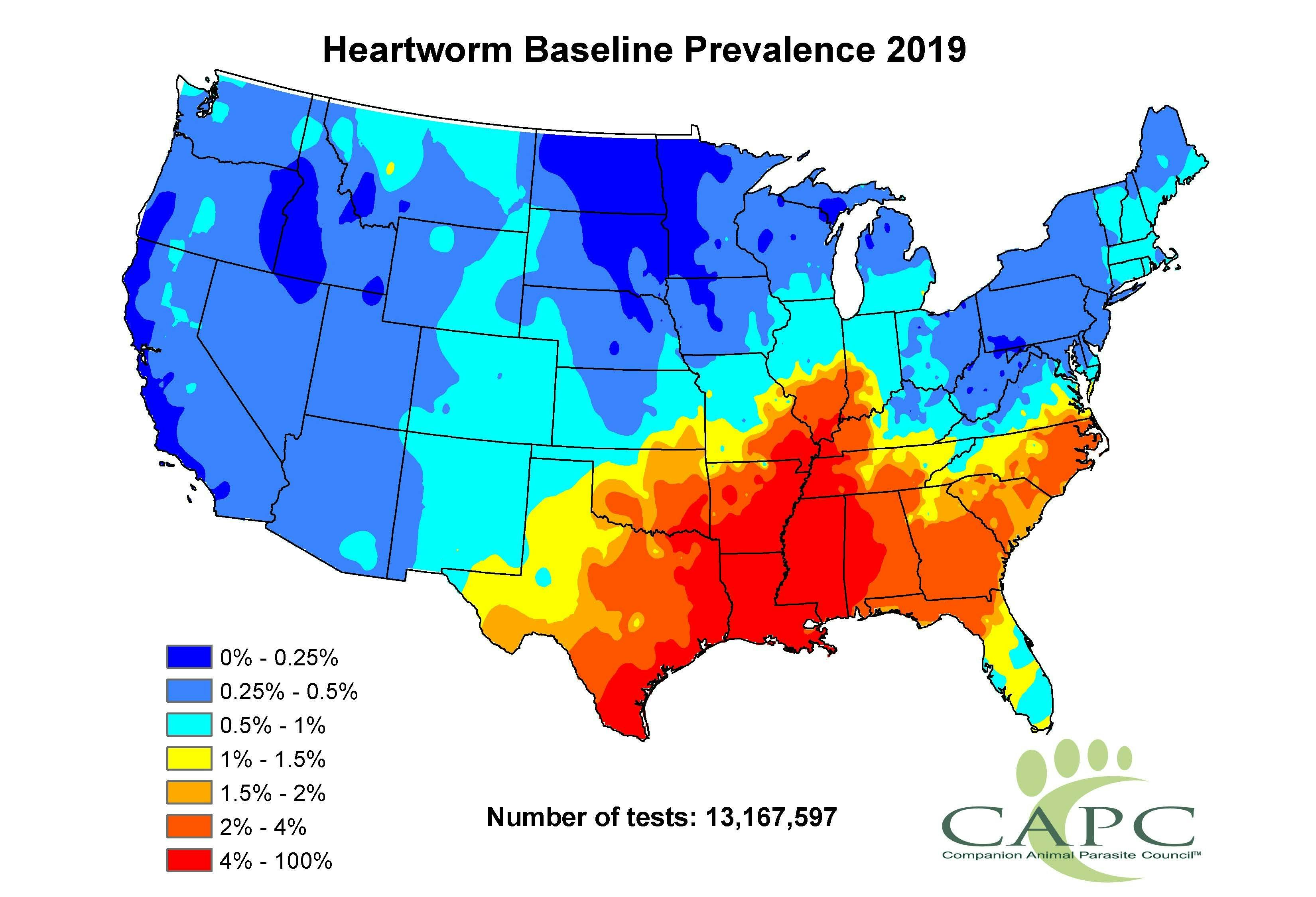Map of heartworm baseline prevalence in the US
