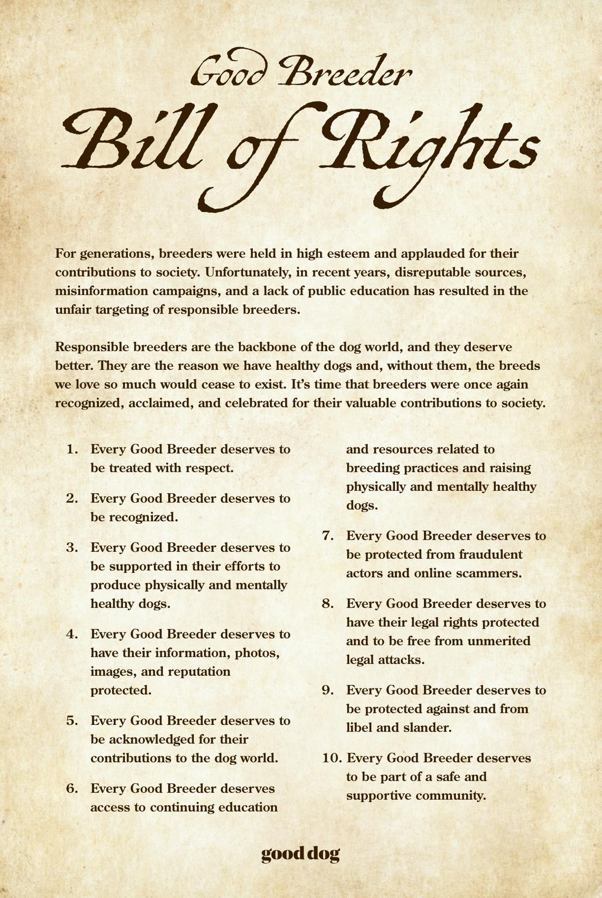 Good Dog's responsible breeder bill of rights