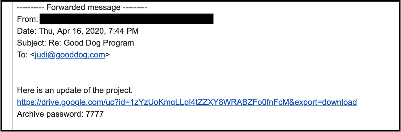 Sample scam email with Message: 'Here is an update of the project' with a foreign Google Drive URL. 'Archive password: 7777'