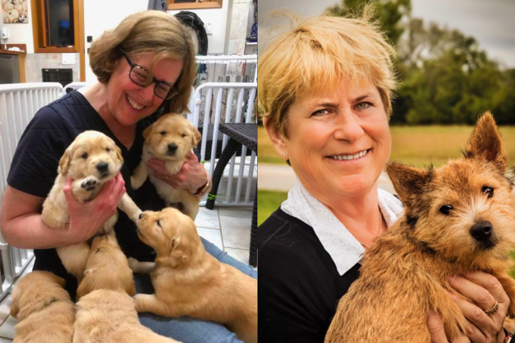  Left, Dr. Gayle Watkins surrounded by puppies  and Right, Dr. Chris Zink holding a dog