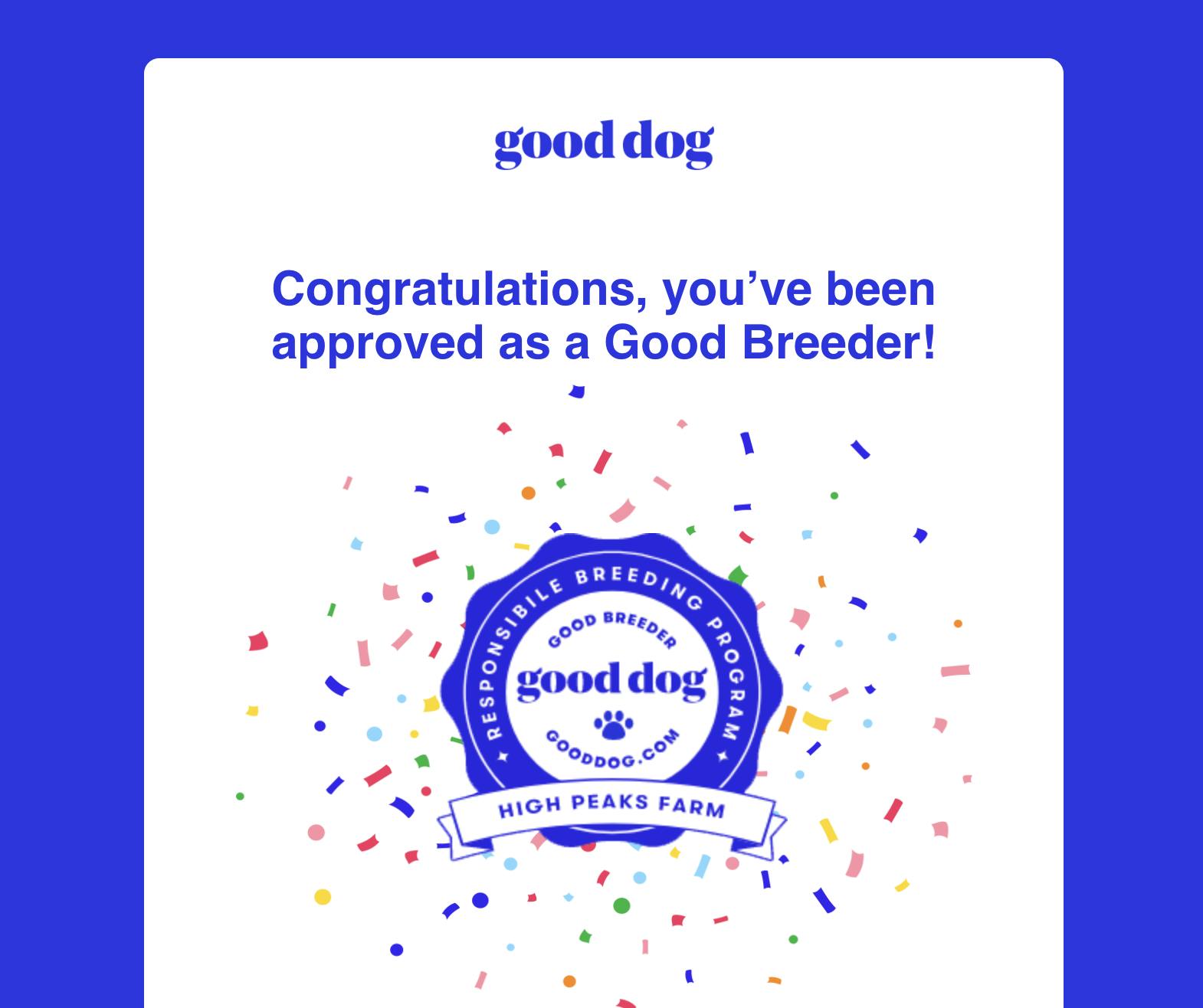 Screenshot of the Good Breeder welcome email