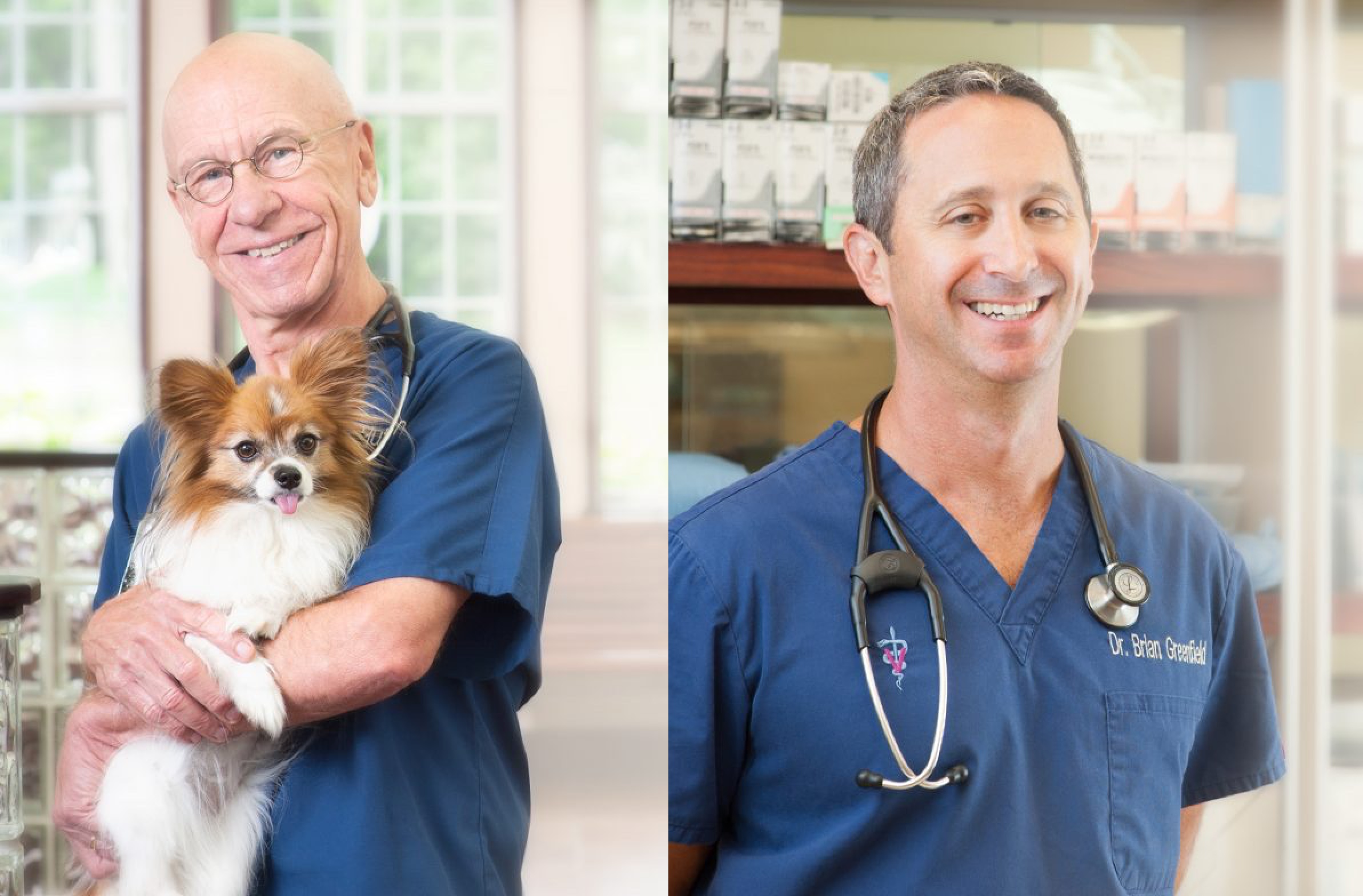 Left, Dr. Hutchison holding small dog & Right, Dr. Greenfield