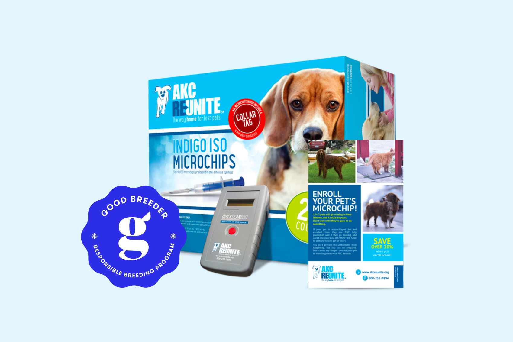 Good Breeder Responsible Breeding Program badge and AKC Reunite microchip kit
