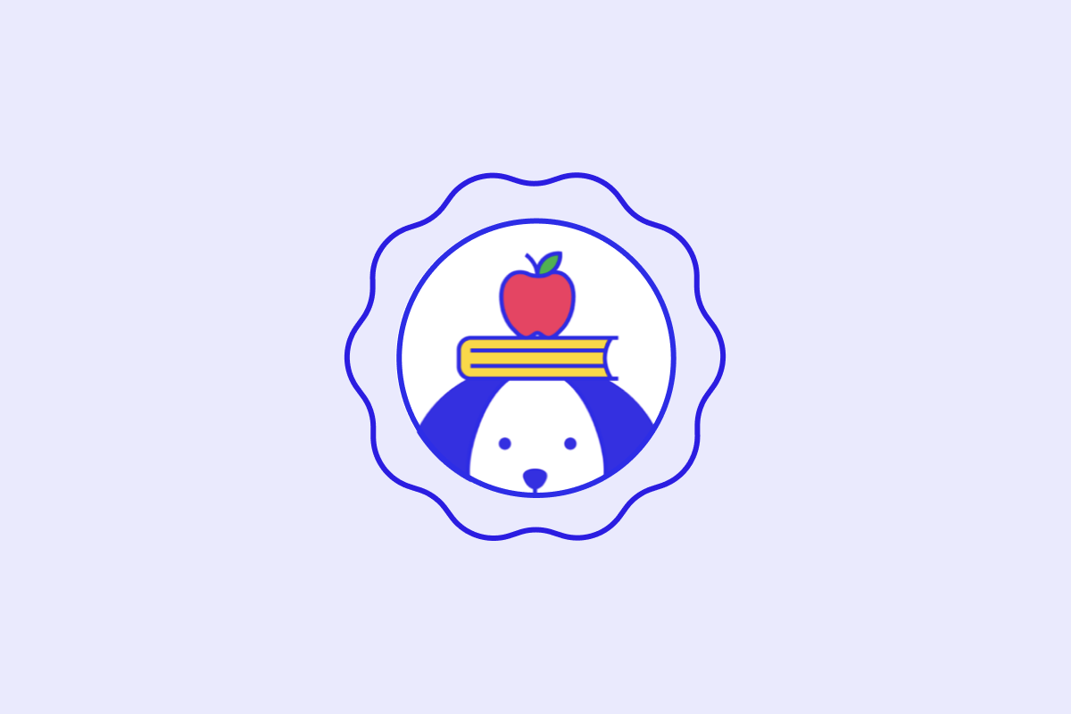 Puppy College icon, dog with book and apple on top of head