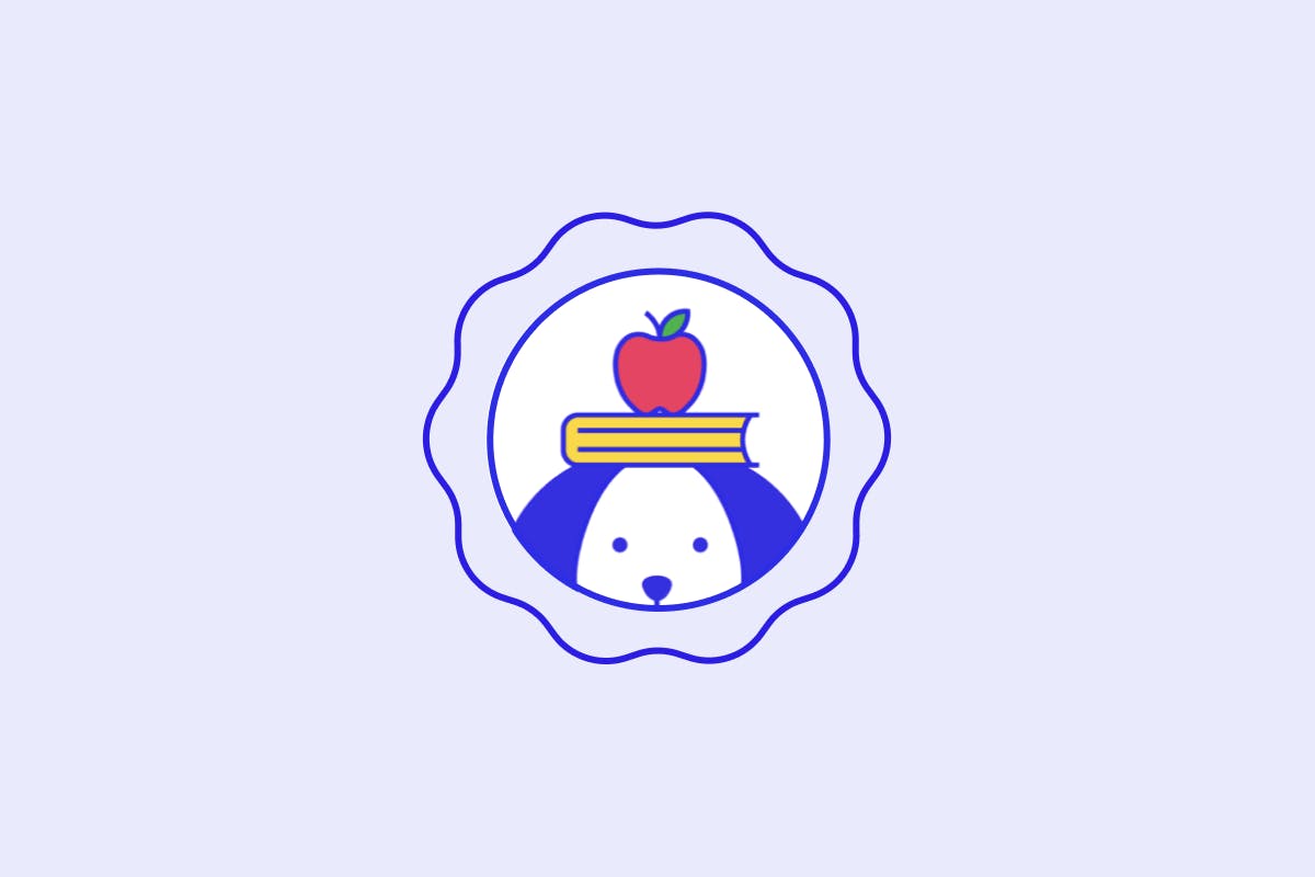 Puppy College icon, dog with book and apple on top of head