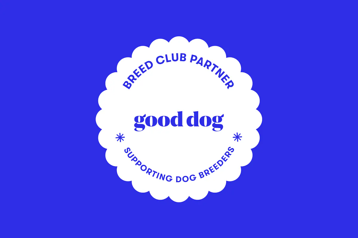 Badge says Breed Club Partner top, Good Dog middle, Supporting Dog Breeders bottom