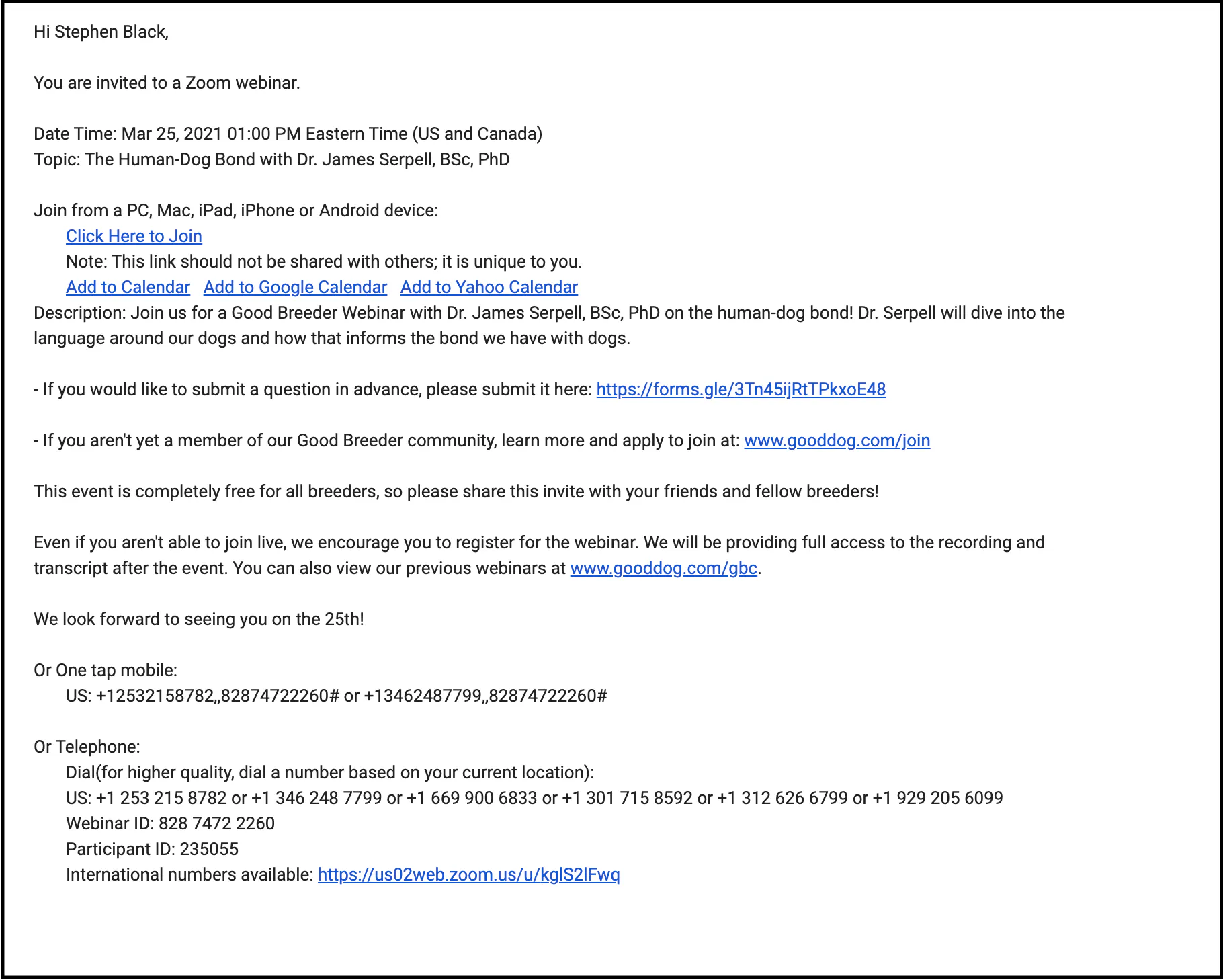 Webinar confirmation email
