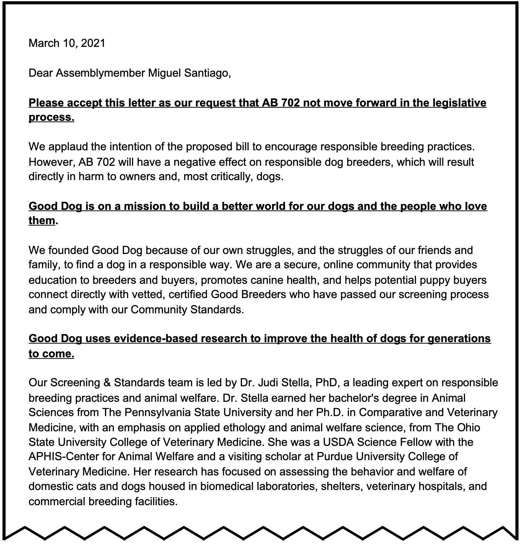 Good Dog’s Letter to Assemblymember Miguel Santiago