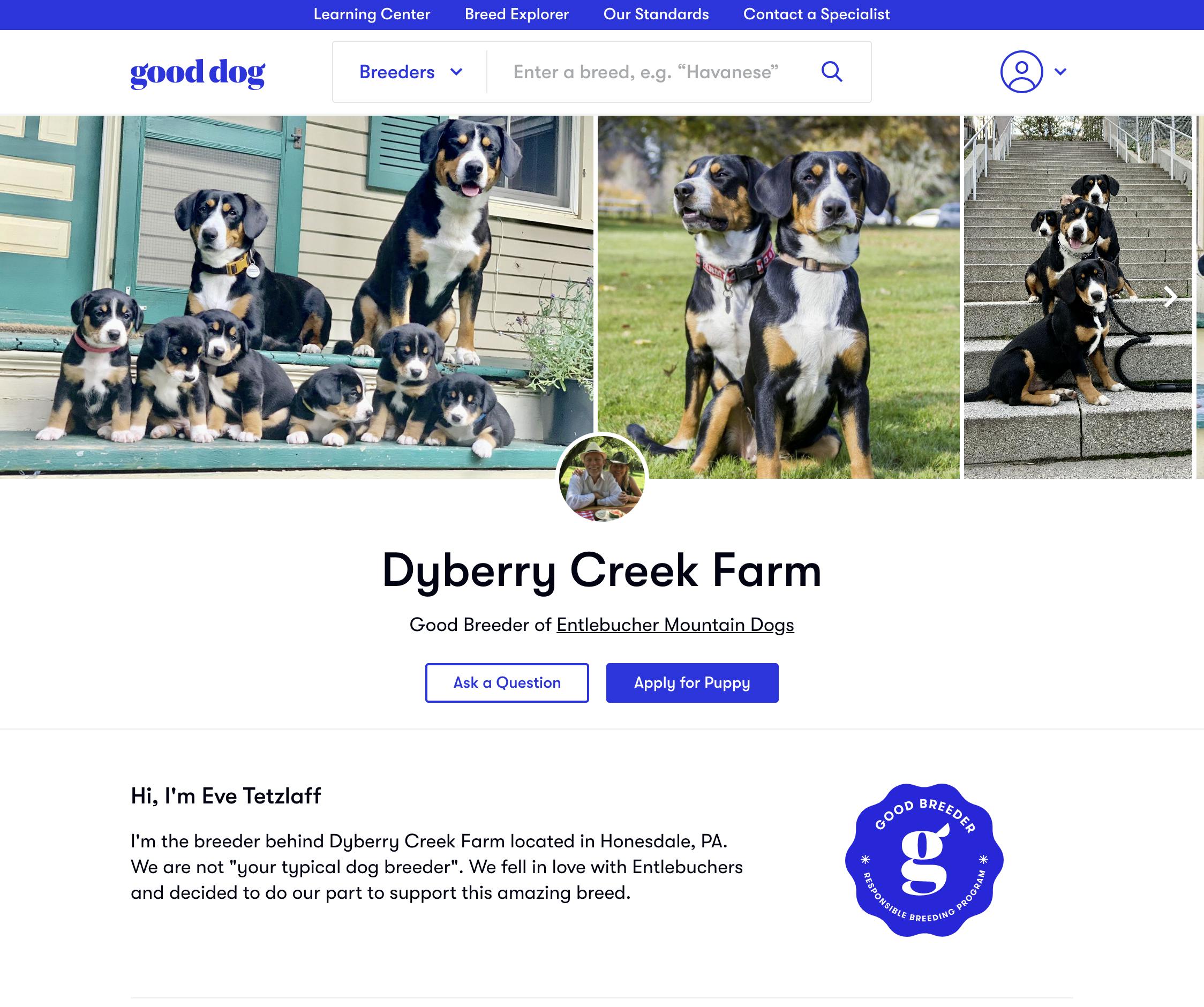 Screenshot of a completed Good Breeder profile