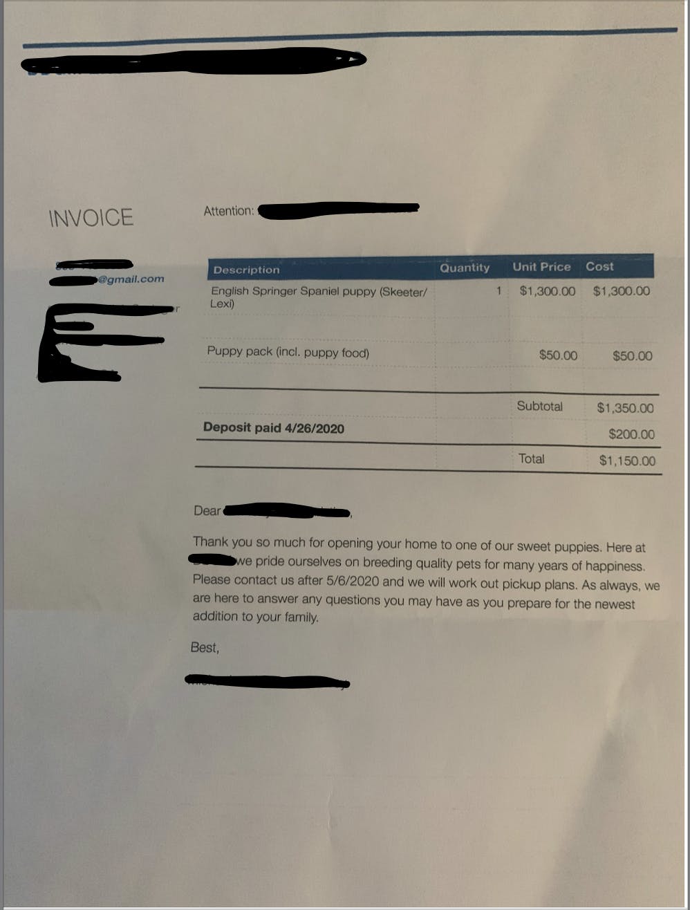 Scam invoice totalling $1,150.00. Was a mail sent to a buyer with fake invoice for puppy and fake deposit amount already paid.