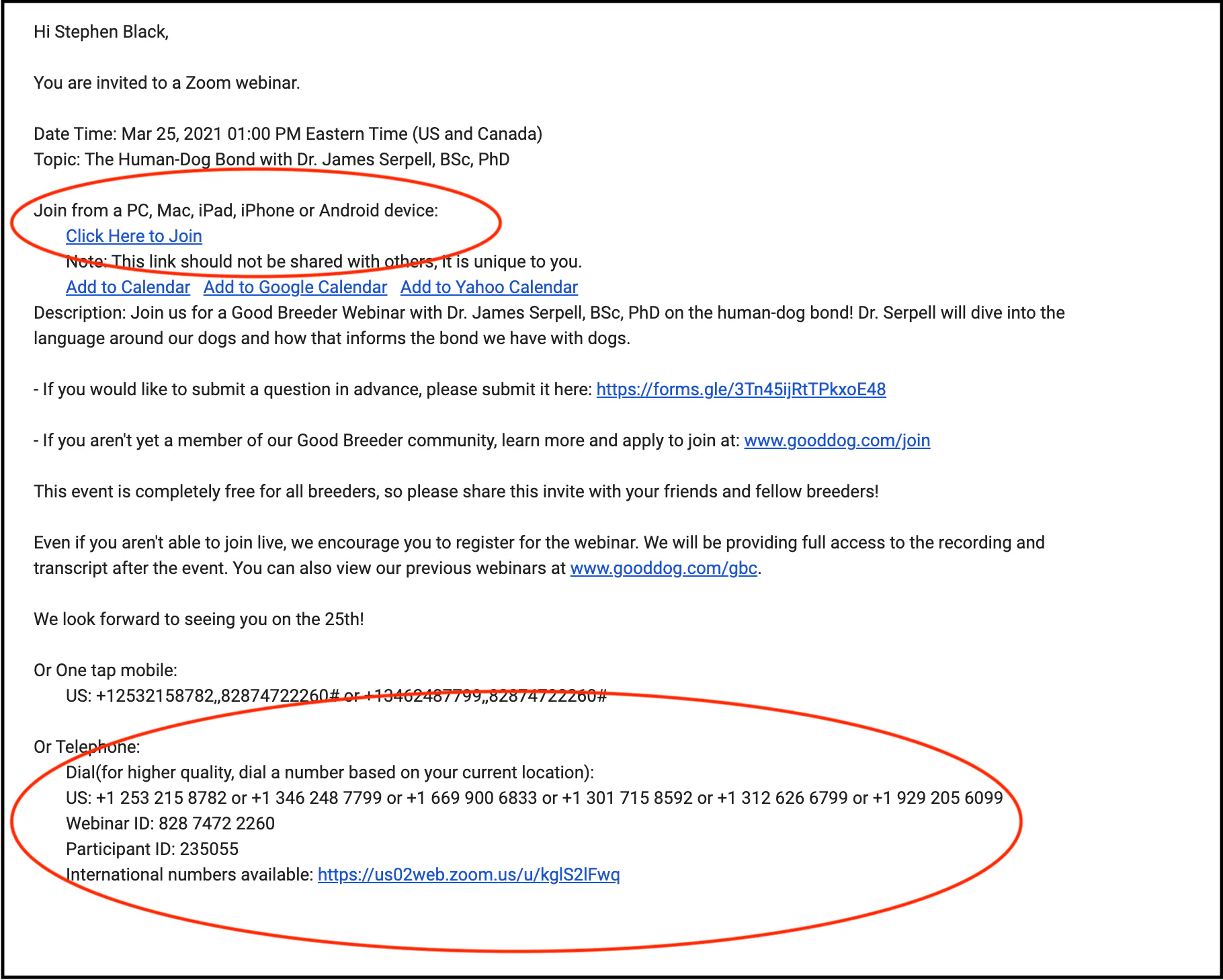 Webinar confirmation email