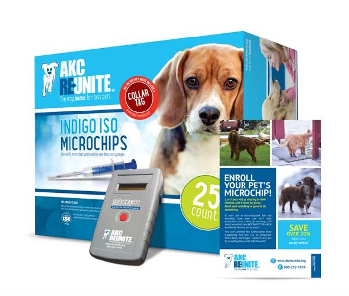 AKC Reunite box with test kit and pamphlet propped up advertising microchips