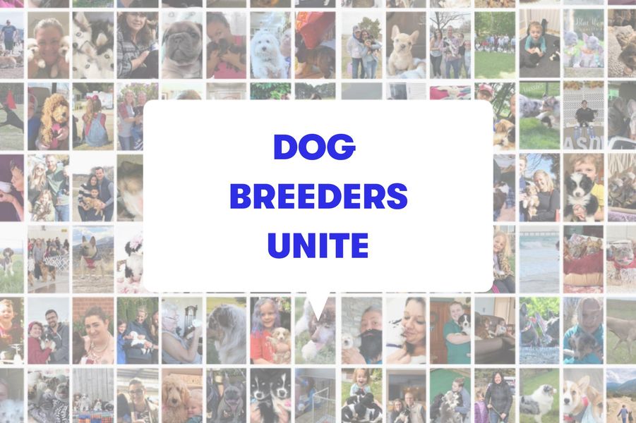 Mosaic of many images of dogs, kids, puppies, and breeders with text overlay: Dog Breeders Unite