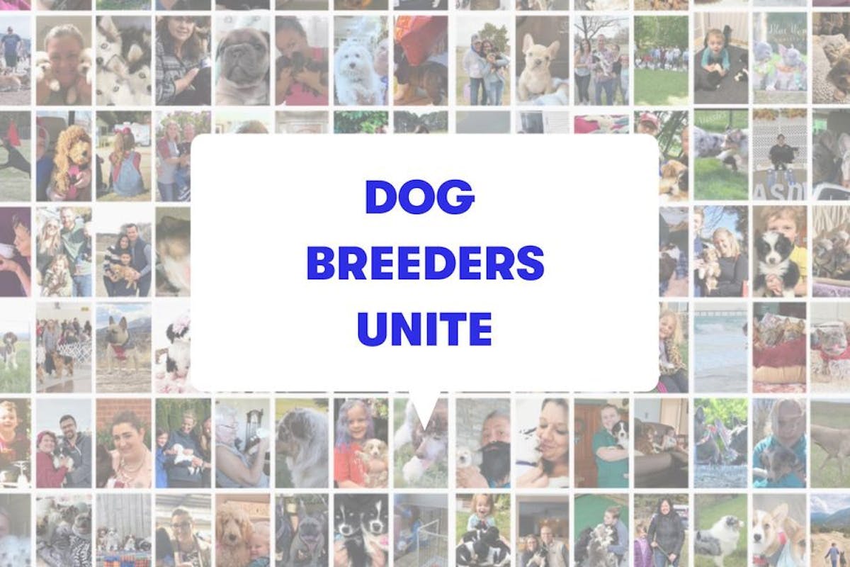 Mosaic of many images of dogs, kids, puppies, and breeders with text overlay: Dog Breeders Unite