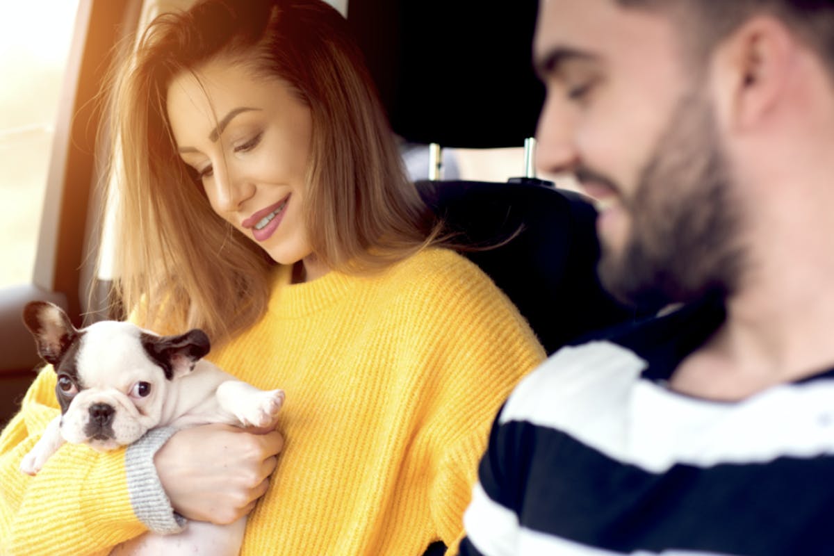 smiling woman holding small puppy in the passenger seat of car and smiling male in driver seat.