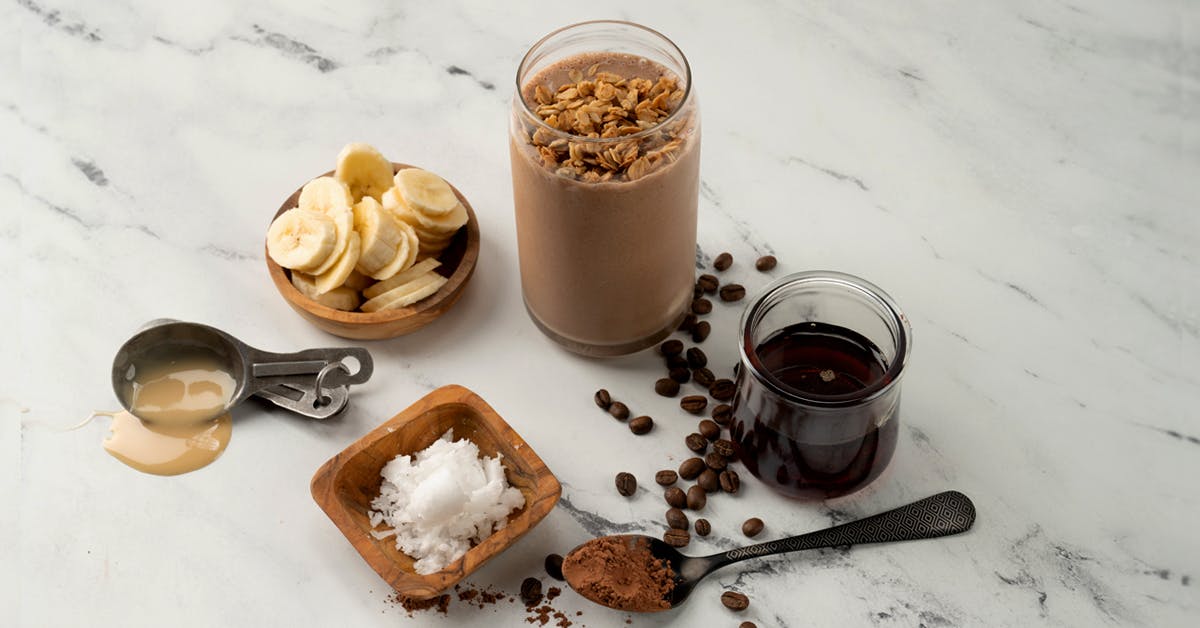 coffee breakfast smoothie on a marble countertop