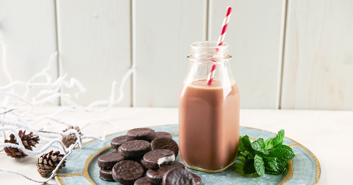 milk glass bottle full of non dairy peppermint patties milk