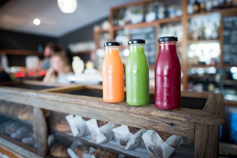 bottles of juice at The Roadhouse, Byron Bay 