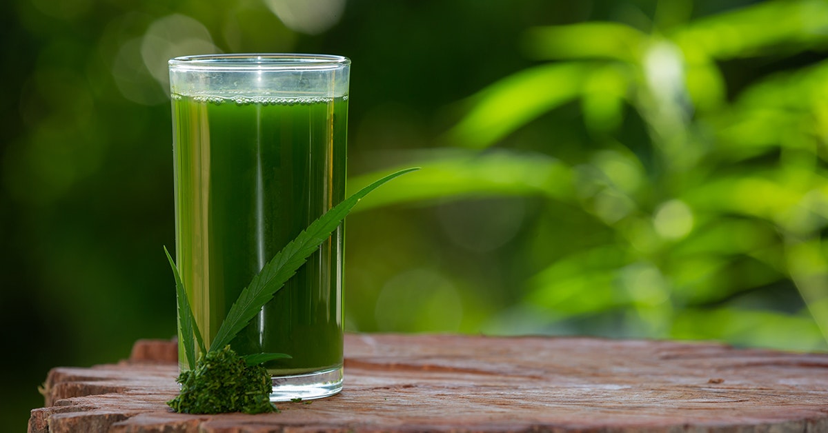 a glass of cold pressed green juice on a wooden stump