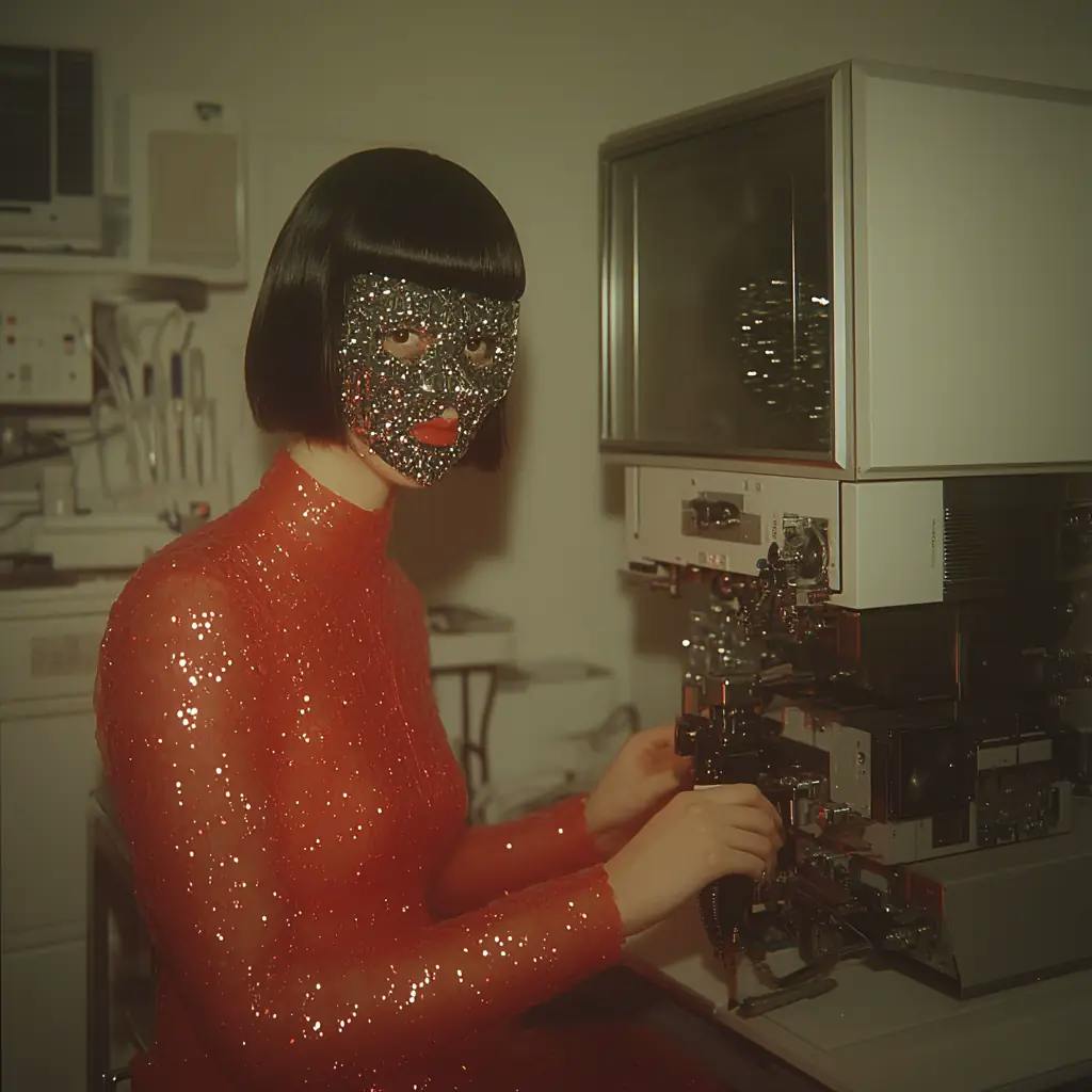 Eine Person mit glitzernder Gesichtsmaske und rotem Kleid sitzt an einem alten Computer oder technischen Gerät. Sie trägt einen schwarzen Bob-Haarschnitt und das Bild hat eine retro, filmische Qualität mit stimmungsvoller Beleuchtung.