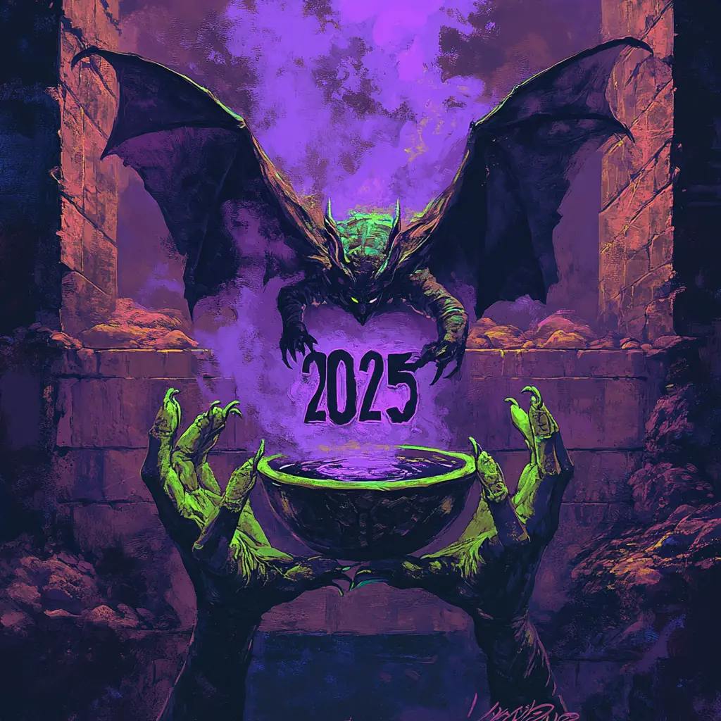 Eine düstere Fantasy-Illustration zeigt einen dämonischen Drachen mit ausgebreiteten Flügeln über einer Schale, die von grünen Zombiehänden gehalten wird. In der Mitte schwebt die Zahl 2025 in einem violetten, nebligen Ambiente.