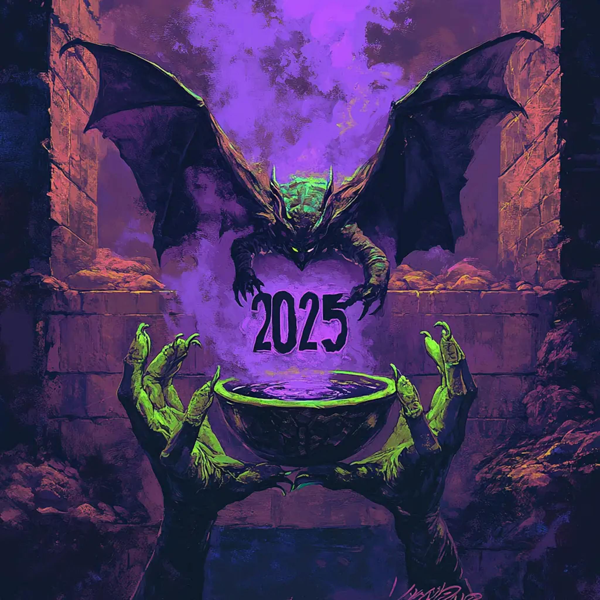 Eine düstere Fantasy-Illustration zeigt einen dämonischen Drachen mit ausgebreiteten Flügeln über einer Schale, die von grünen Zombiehänden gehalten wird. In der Mitte schwebt die Zahl 2025 in einem violetten, nebligen Ambiente.