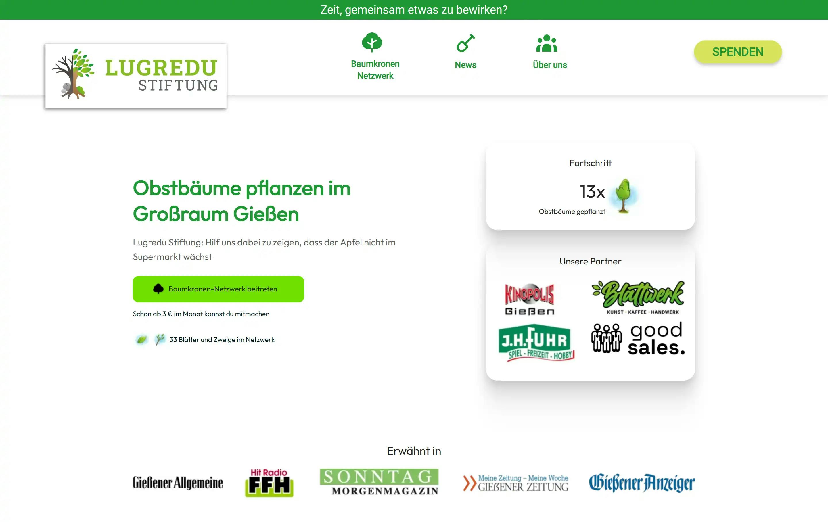 Screenshot der Hero-Komponente der Lugredu Stiftung nach dem Relaunch der Website.